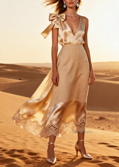 Handmade Beige V Neck Patchwork Linen Silk CamiDress Summer