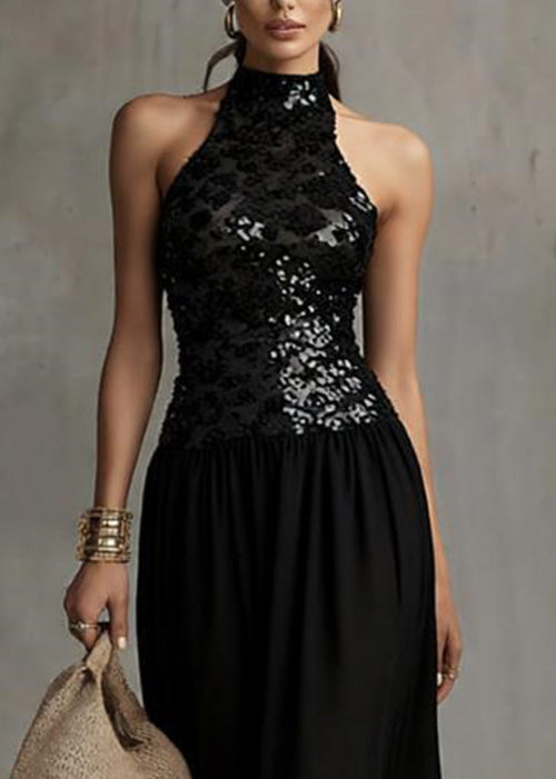 Handmade Black Backless Sequins Patchwork Tulle Long Dress Sleeveless