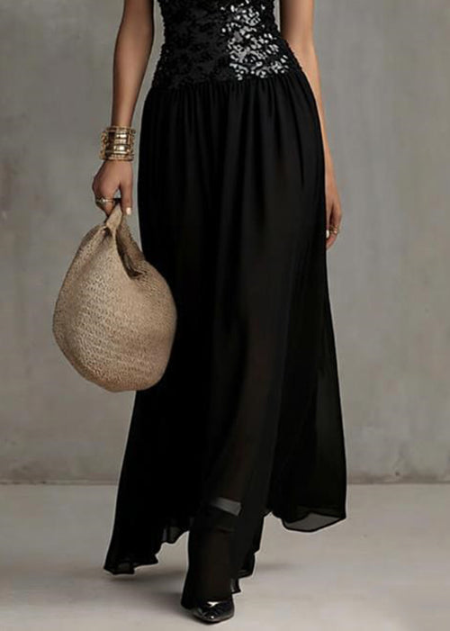 Handmade Black Backless Sequins Patchwork Tulle Long Dress Sleeveless