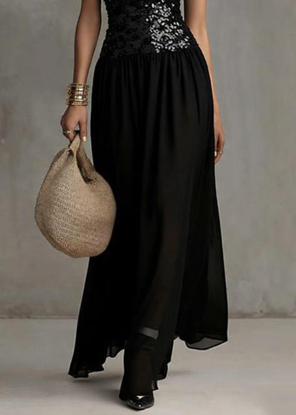 Handmade Black Backless Sequins Patchwork Tulle Long Dress Sleeveless