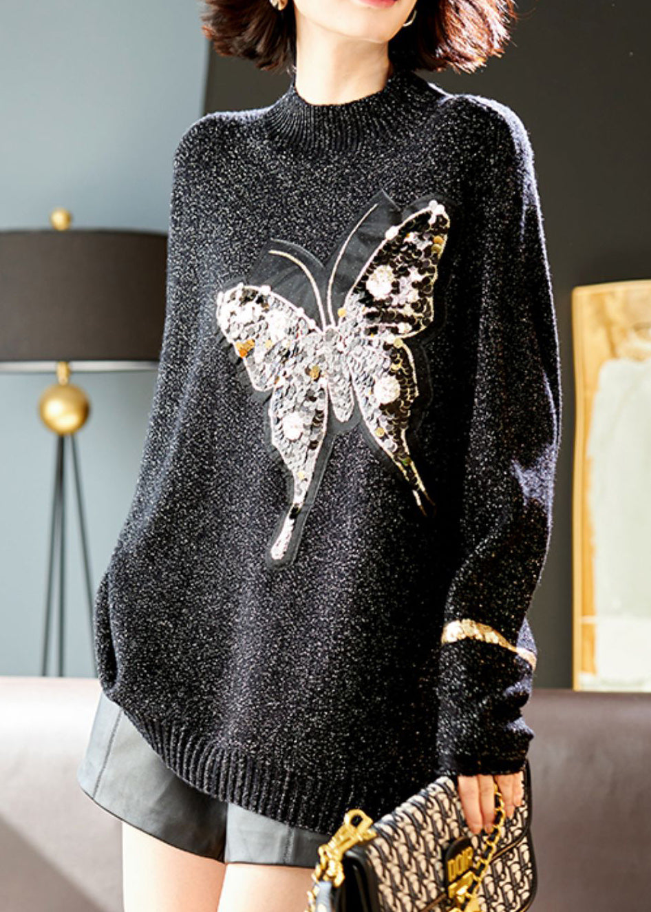 Handmade Black Butterfly Sequins Knit Sweater Winter