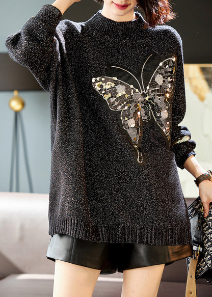 Handmade Black Butterfly Sequins Knit Sweater Winter