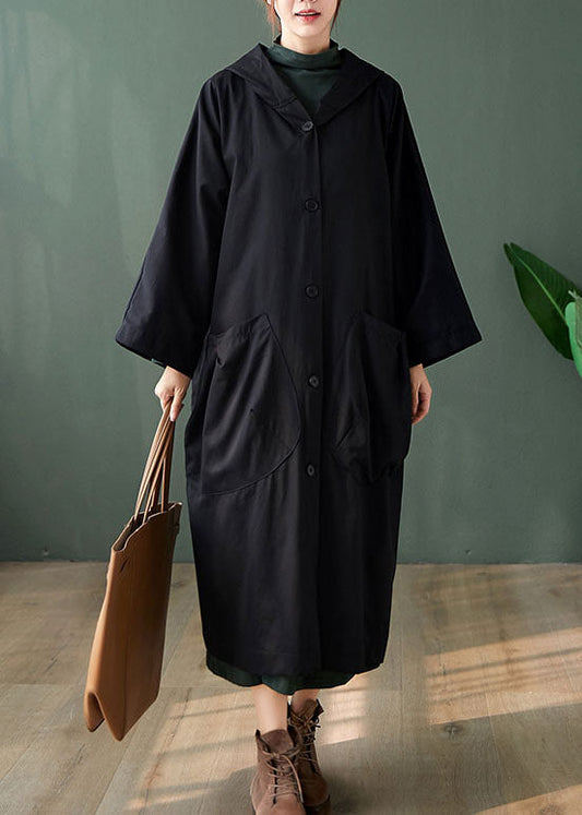 Handgemachte schwarze Knopftaschen Lockerer Herbst Langarm Kapuzenmantel