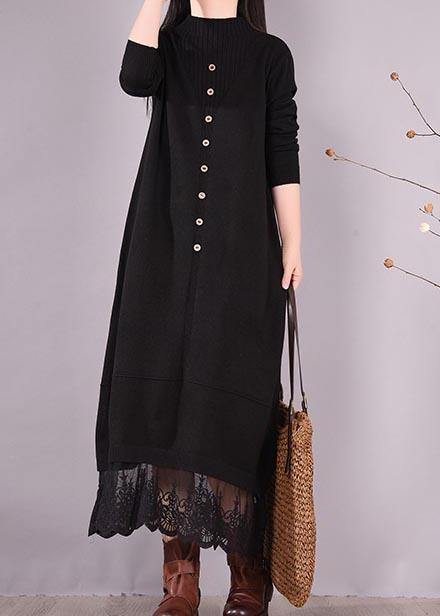 Handmade Black Clothes O Neck Patchwork Lace Kaftan Spring Dresses - SooLinen
