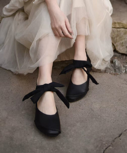 Handmade Black Cowhide Leather Wedge Heels Shoes Lace Up