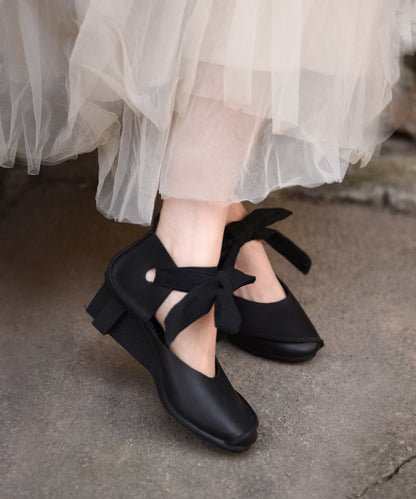 Handmade Black Cowhide Leather Wedge Heels Shoes Lace Up