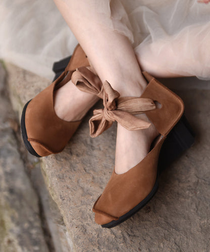 Handmade Black Cowhide Leather Wedge Heels Shoes Lace Up