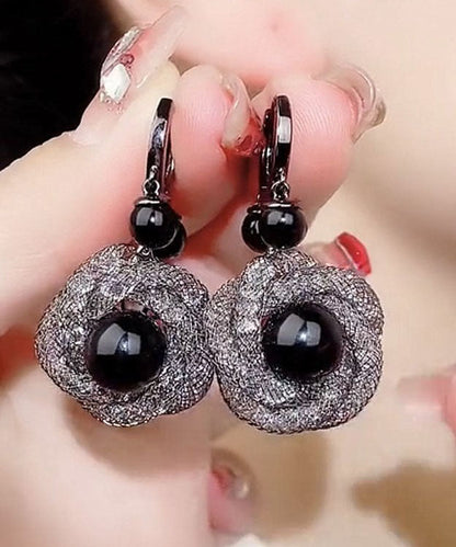 Handmade Black Crystal Tulle Drop Earrings