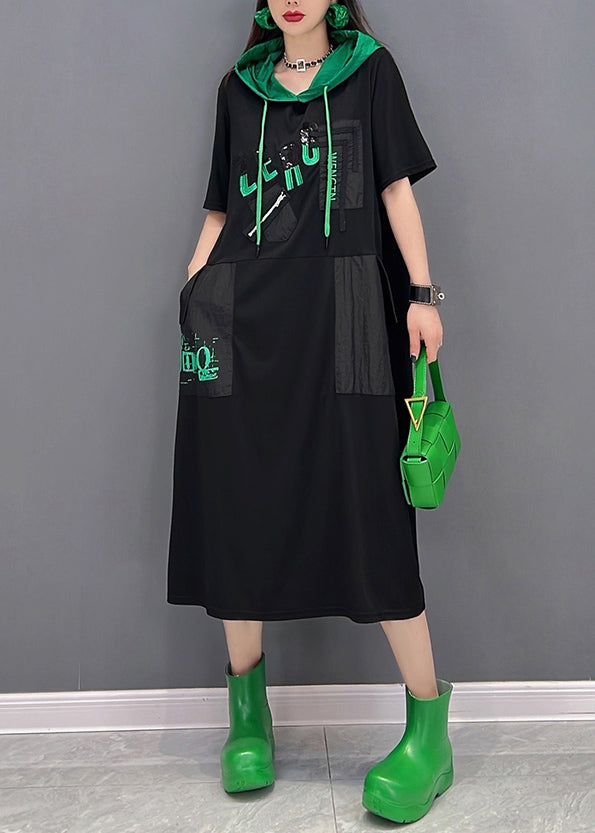 Handmade Black Drawstring Patchwork Pockets Hooded Long Dresses Short Sleeve