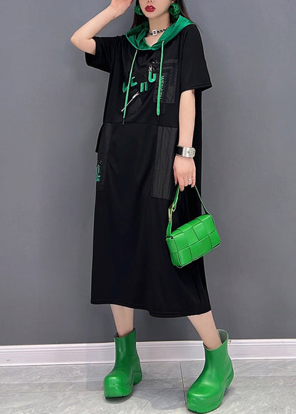 Handmade Black Drawstring Patchwork Pockets Hooded Long Dresses Short Sleeve