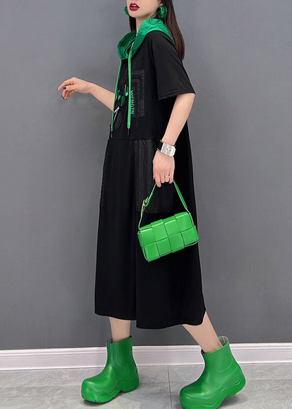 Handmade Black Drawstring Patchwork Pockets Hooded Long Dresses Short Sleeve