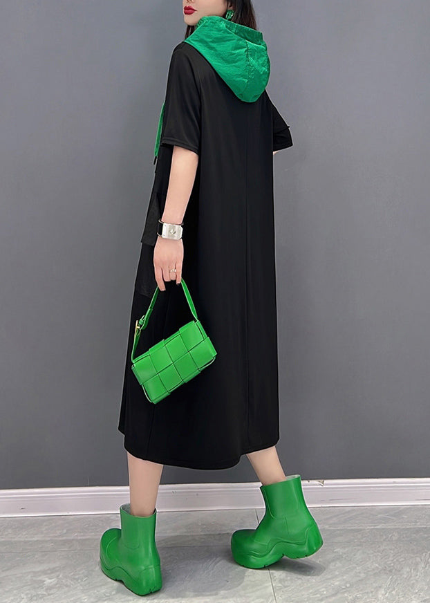 Handmade Black Drawstring Patchwork Pockets Hooded Long Dresses Short Sleeve