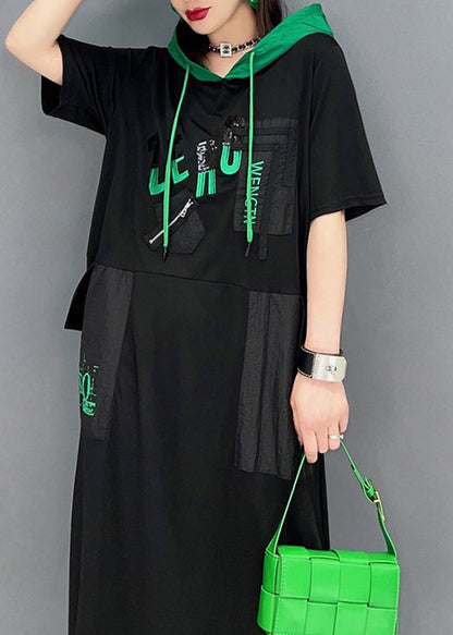 Handmade Black Drawstring Patchwork Pockets Hooded Long Dresses Short Sleeve
