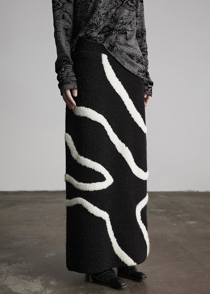 Handmade Black Elastic Waist Embroidered Knit Straight Skirt Winter