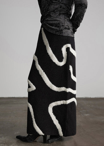 Handmade Black Elastic Waist Embroidered Knit Straight Skirt Winter