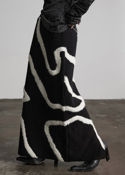 Handmade Black Elastic Waist Embroidered Knit Straight Skirt Winter