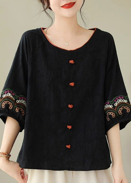 Handmade Black Embroidere Patchwork Tops Half Sleeve