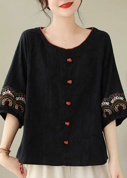 Handmade Black Embroidere Patchwork Tops Half Sleeve