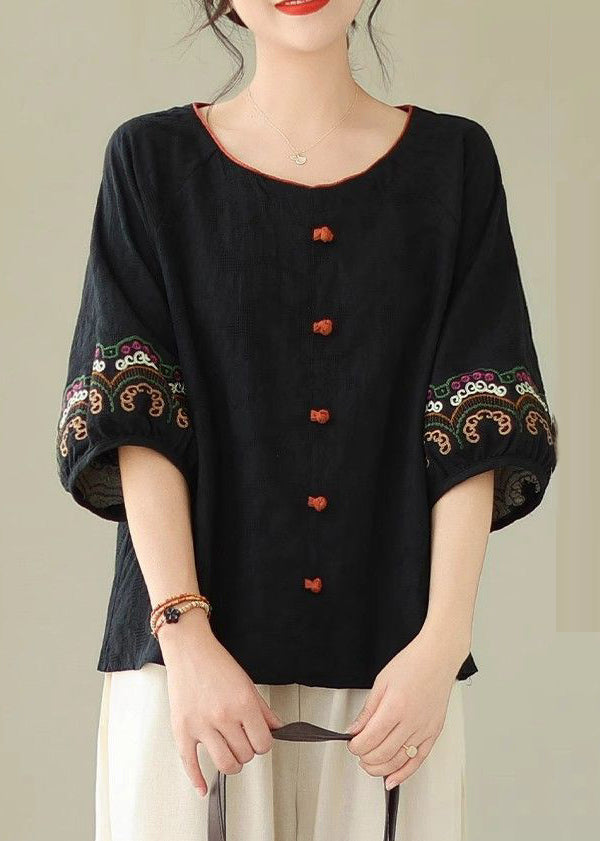 Handmade Black Embroidere Patchwork Tops Half Sleeve