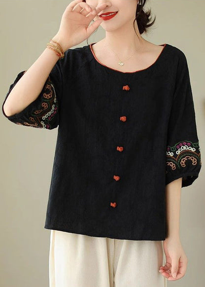 Handmade Black Embroidere Patchwork Tops Half Sleeve