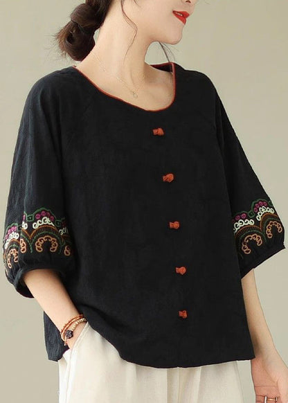 Handmade Black Embroidere Patchwork Tops Half Sleeve