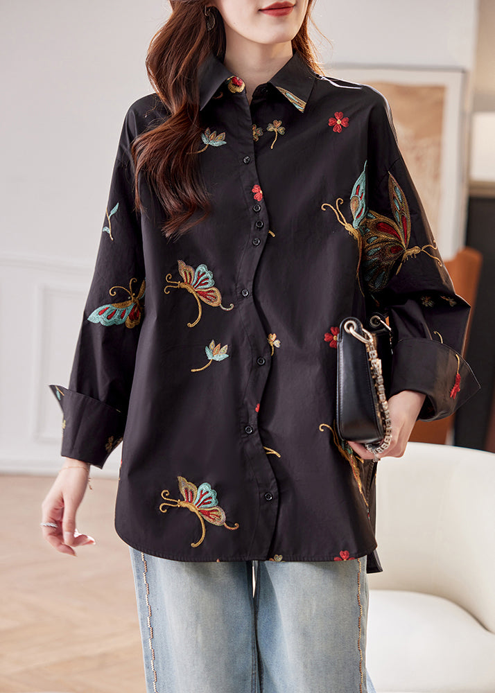 Handmade Black Embroidered Butterfly Low High Design Cotton Shirt Fall