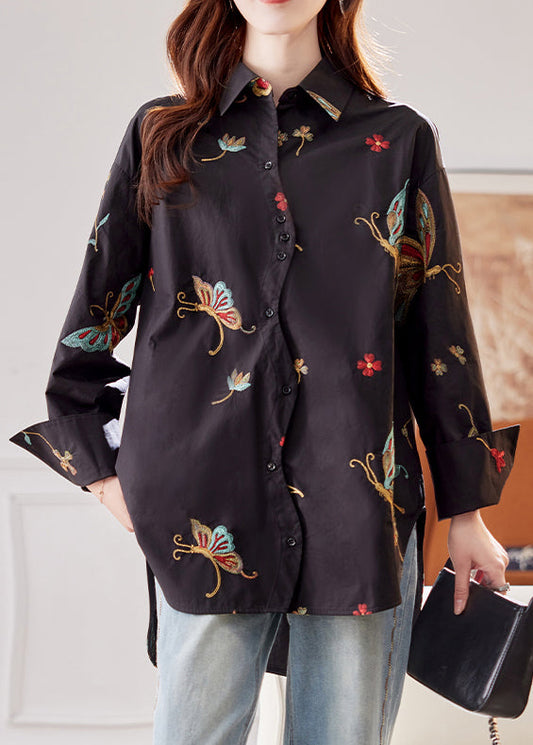 Handmade Black Embroidered Butterfly Low High Design Cotton Shirt Fall