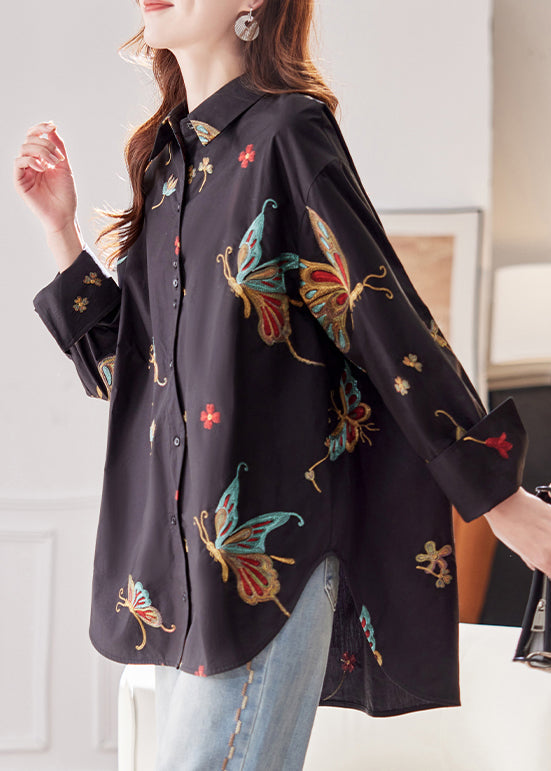 Handmade Black Embroidered Butterfly Low High Design Cotton Shirt Fall