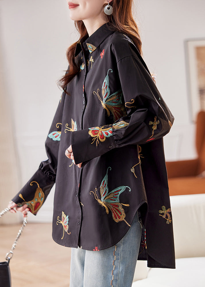 Handmade Black Embroidered Butterfly Low High Design Cotton Shirt Fall