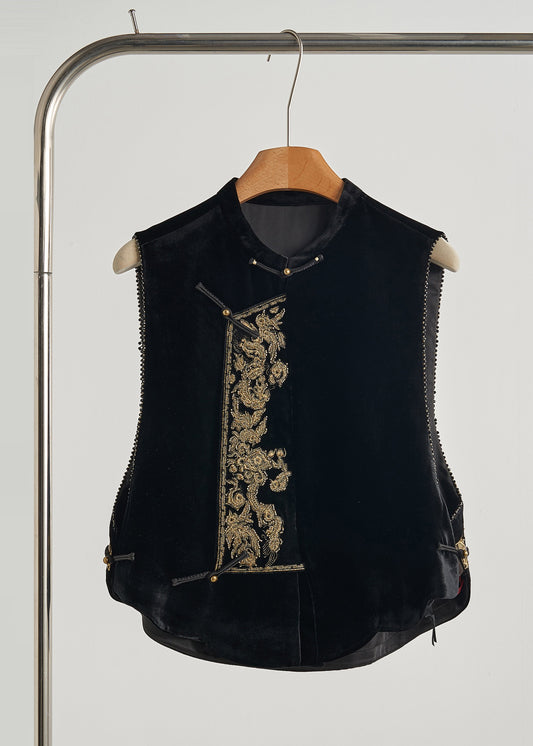 Handmade Black Embroidered Silk Velour Oriental Vest Fall