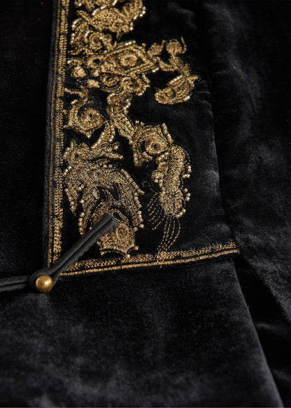 Handmade Black Embroidered Silk Velour Oriental Vest Fall