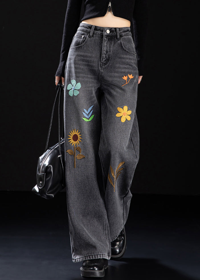 Handmade Black Embroidered Warm Fleece Denim Pants Winter