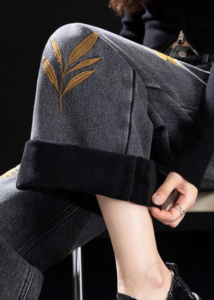 Handmade Black Embroidered Warm Fleece Denim Pants Winter