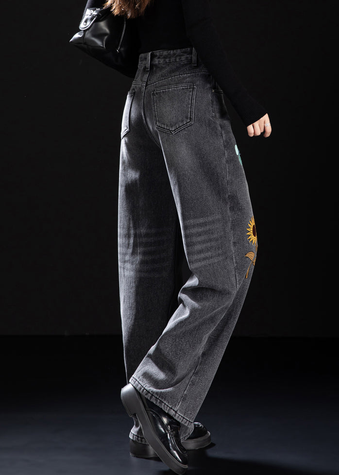 Handmade Black Embroidered Warm Fleece Denim Pants Winter
