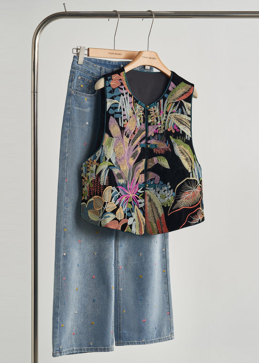 Chalecos de terciopelo de seda con botones chinos bordados a mano en negro para primavera