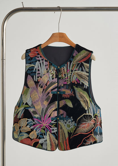 Handgefertigte schwarze Seidenveloursweste mit chinesischen Knöpfen und Stickereien für den Frühling