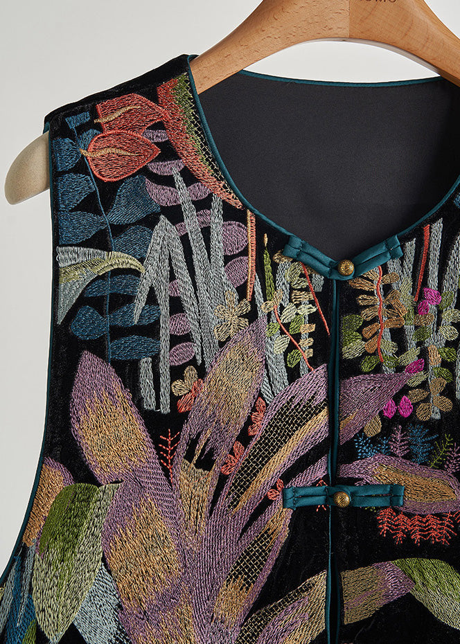 Handgefertigte schwarze Seidenveloursweste mit chinesischen Knöpfen und Stickereien für den Frühling