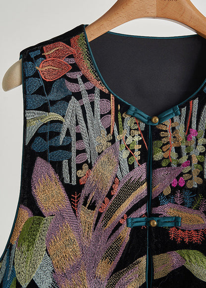 Handgefertigte schwarze Seidenveloursweste mit chinesischen Knöpfen und Stickereien für den Frühling