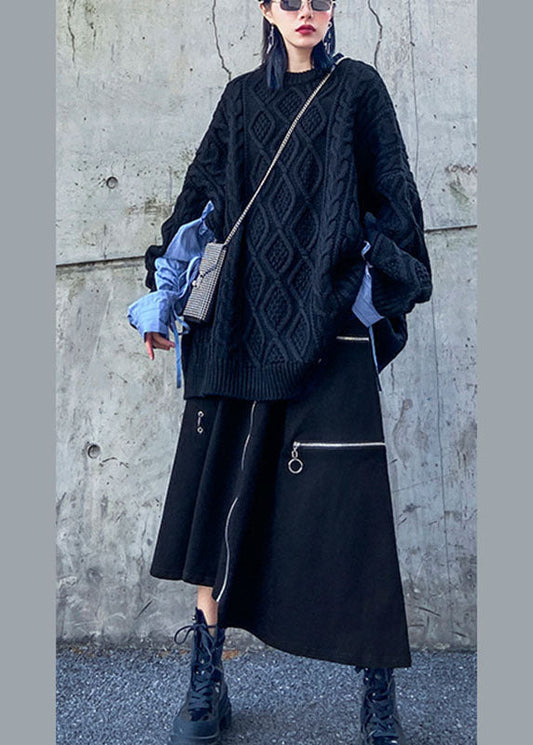 Handgemachte schwarze Herbströcke mit hoher Taille, Taschen und asymmetrischem Design