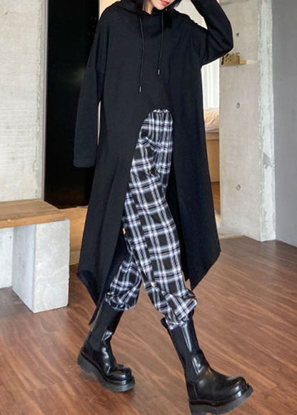 Handgemachte schwarze Kapuze Kordelzug asymmetrisches Design Sweatshirts Top Frühling