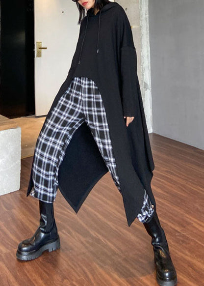 Handgemachte schwarze Kapuze Kordelzug asymmetrisches Design Sweatshirts Top Frühling