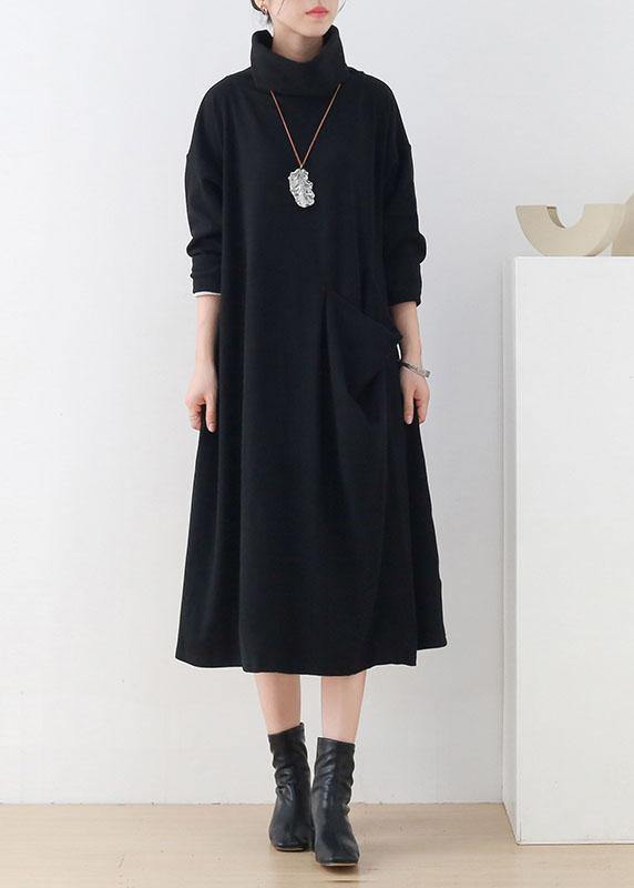 Handmade Black Loose Turtleneck Fall Cotton Dress Long sleeve - SooLinen