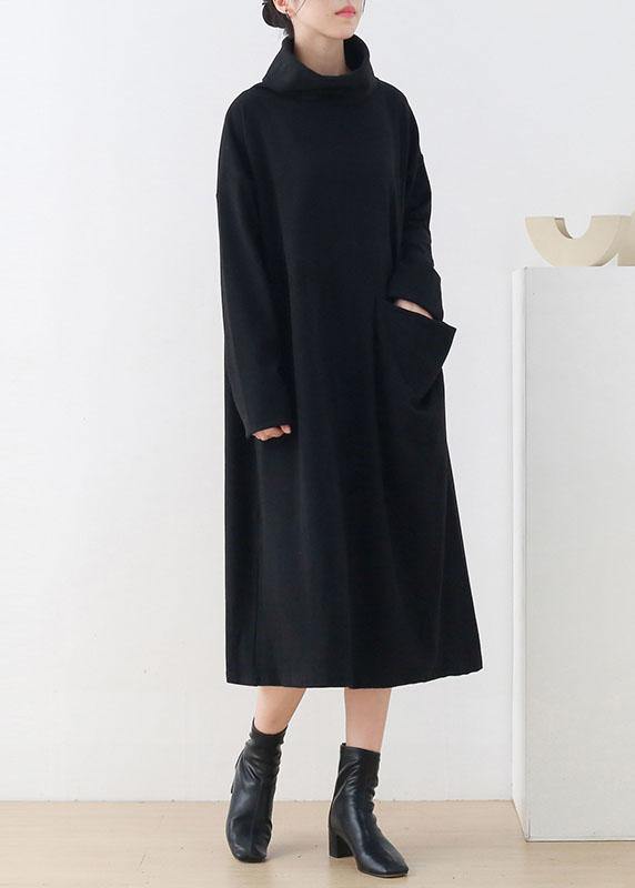 Handmade Black Loose Turtleneck Fall Cotton Dress Long sleeve - SooLinen
