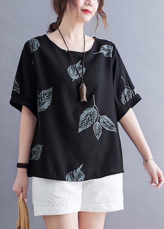 Handmade Black O-Neck Loose Summer Cotton Linen Top - SooLinen