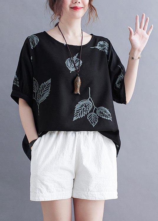 Handmade Black O-Neck Loose Summer Cotton Linen Top - SooLinen