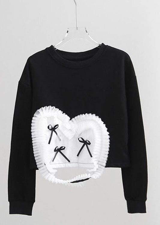 Handgemachter schwarzer O-Ausschnitt Tüll Patchwork Warmer Fleece Pullover Street wear Frühling