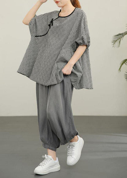 Handmade Black Plaid Button Cotton Shirt Top Summer - SooLinen