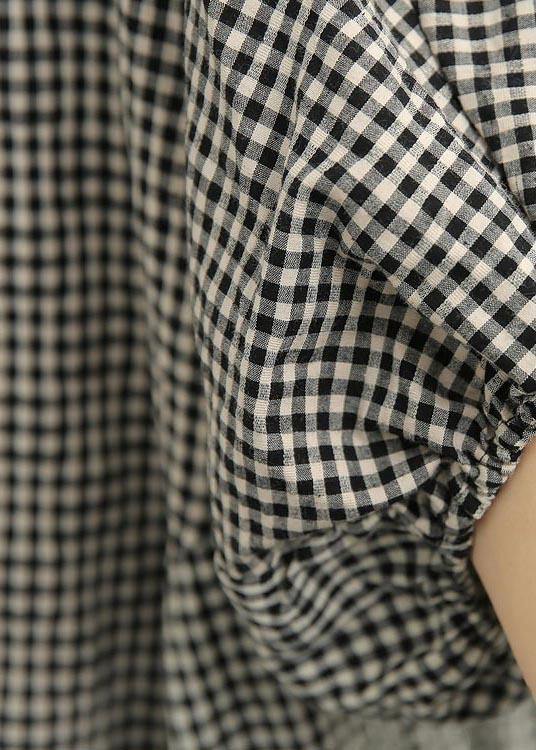 Handmade Black Plaid Button Cotton Shirt Top Summer - SooLinen