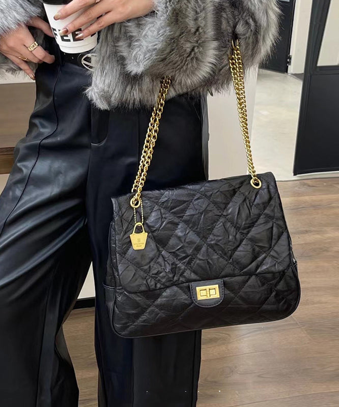 Handmade Black Plaid Wrinkled Faux Leather Flap Bag