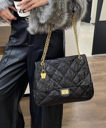 Handmade Black Plaid Wrinkled Faux Leather Flap Bag